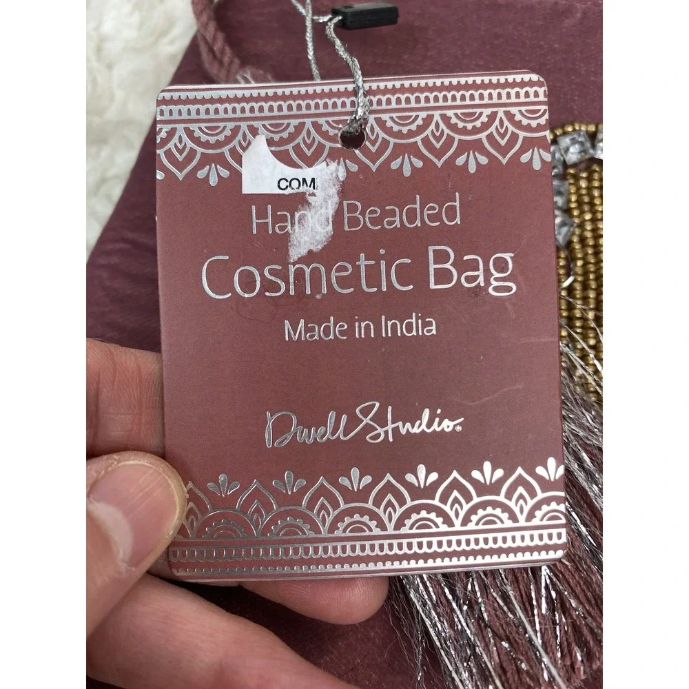 NWT Dwell Studio Pink Velvet Gold Hand Beaded Rhinestone Cosmetic Bag